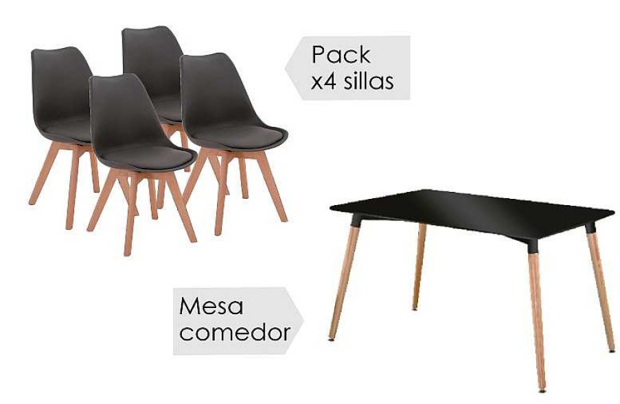 Salones Tus cosas de casa | Conjunto Mesa Dinamarca + 4 Sillas Malmo Negro