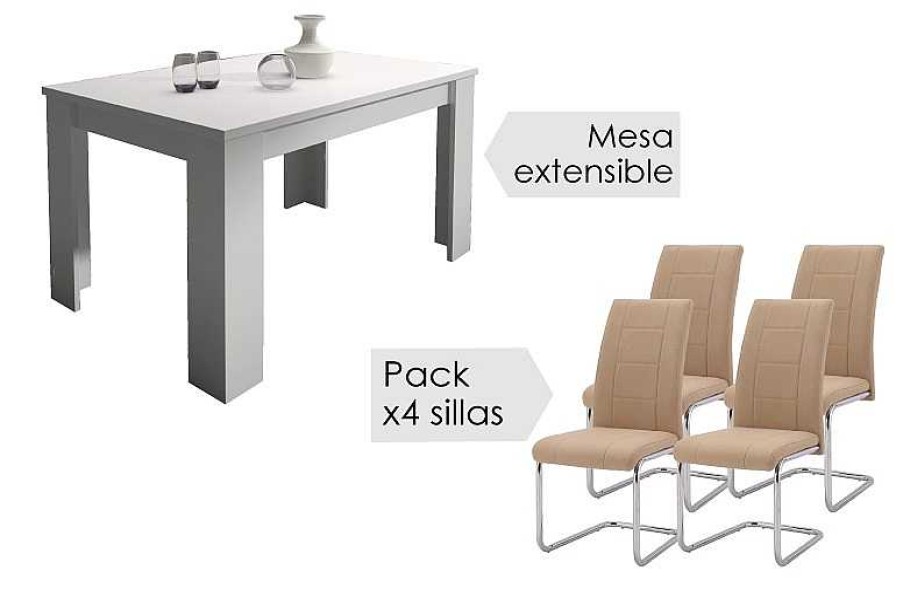 Salones Tus cosas de casa | Conjunto Mesa Corfu Blanca + Sillas San Beig
