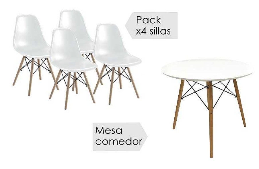 Salones Tus cosas de casa | Conjunto Mesa Redonda Y 4 Sillas Dinamarca Blanco