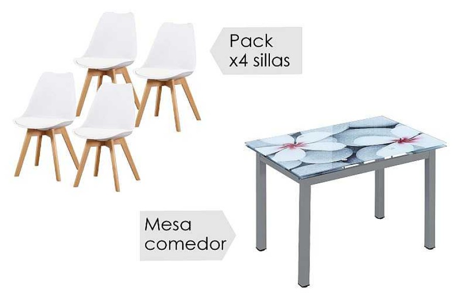 Salones Tus cosas de casa | Conjunto Mesa Extensible Flores + 4 Sillas Fina