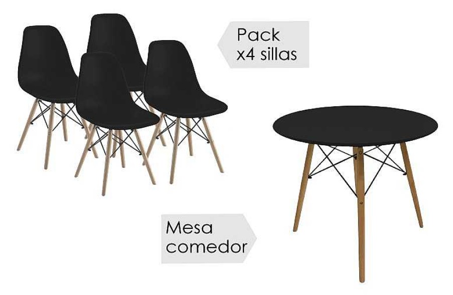 Salones Tus cosas de casa | Conjunto Mesa Redonda Y 4 Sillas Dinamarca Negro