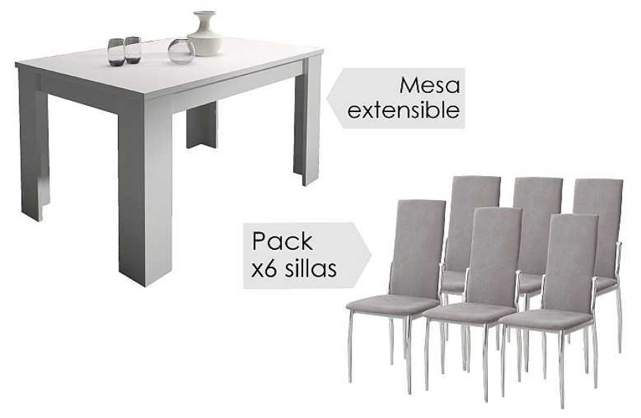 Salones Tus cosas de casa | Conjunto Mesa Corfu Blanca + 6 Sillas Sakura Marengo